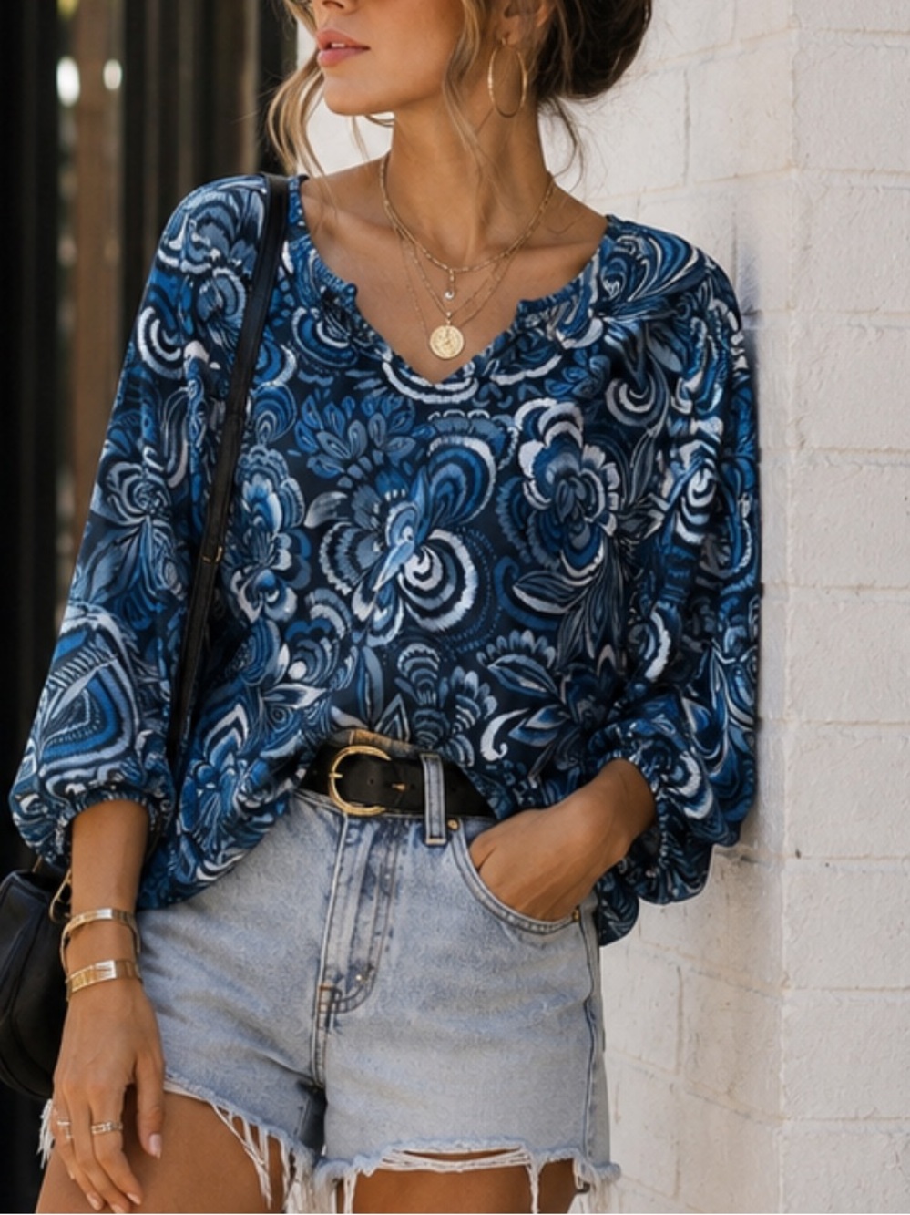 Johnny Was Blue Floral V-Neck Blouse